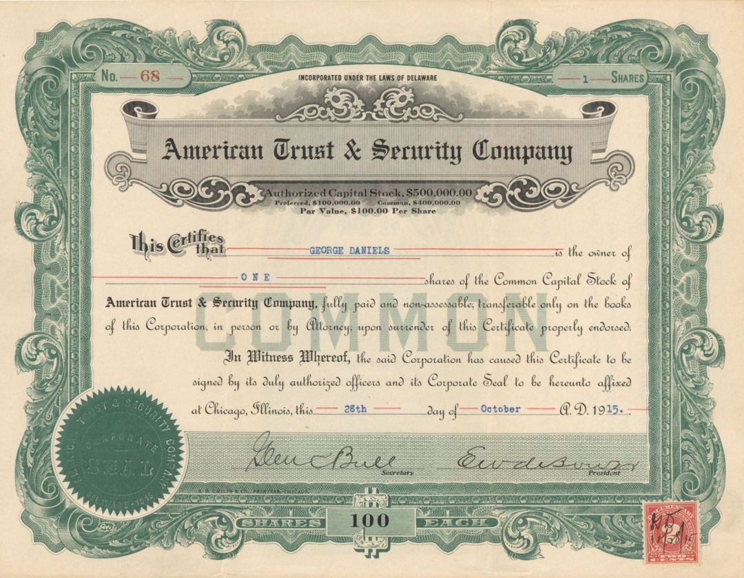 American Trust and Security Co. - 1915 dated Stock Certificate