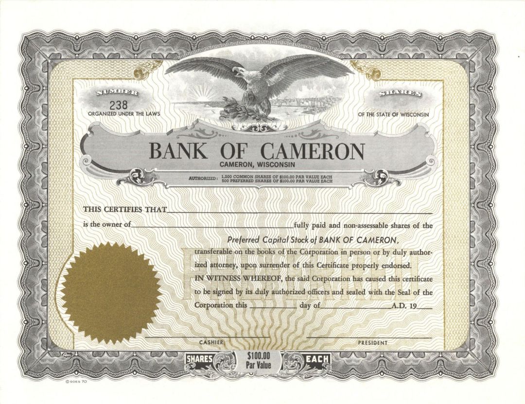 Bank of Cameron - Unissued Stock Certificate