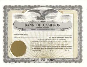 Bank of Cameron - Unissued Stock Certificate