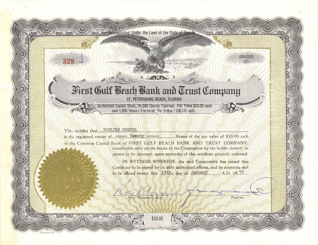 First Gulf Beach Bank and Trust Co. - 1970 dated Stock Certificate