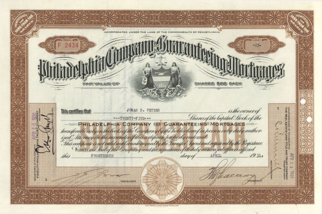 Philadelphia Company for Guaranteeing Mortgages - 1931 dated Stock Certificate