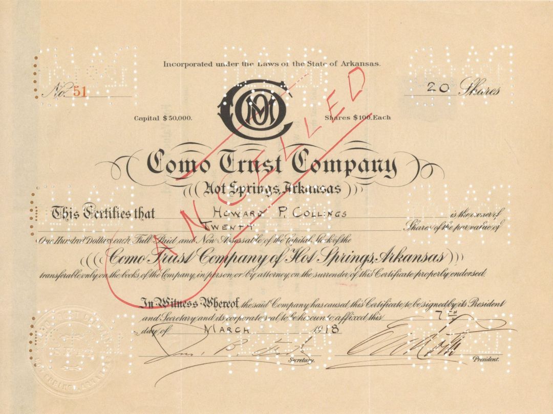 Como Trust Co. - 1918 dated Stock Certificate