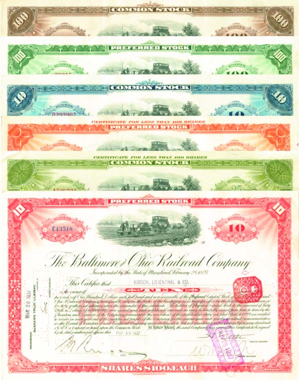 Collection of 6 Different Color Stocks - Baltimore and Ohio Railroad Collection of Six Stock Certificates