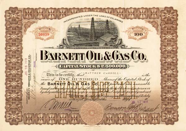 Barnett Oil and Gas Co - Stock Certificate (Uncanceled)