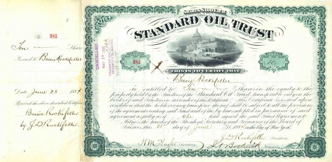 Standard Oil Trust Issued and Signed to Elizabeth "Bessie" Rockefeller - Ultra Rare if not Unique - Autgraph Stock Certificate