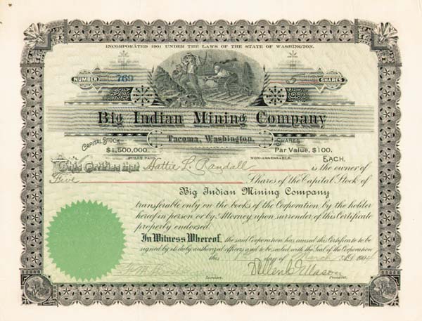 Big Indian Mining Co. - Stock Certificate (Uncanceled)