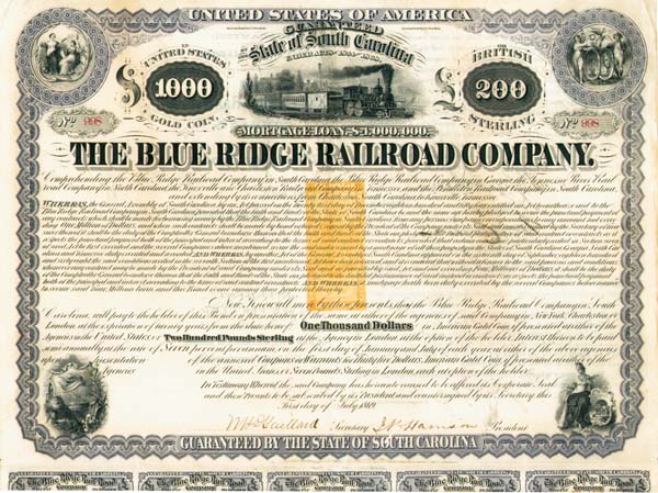 Blue Ridge Railroad $1,000 Bond signed by Henry Clews