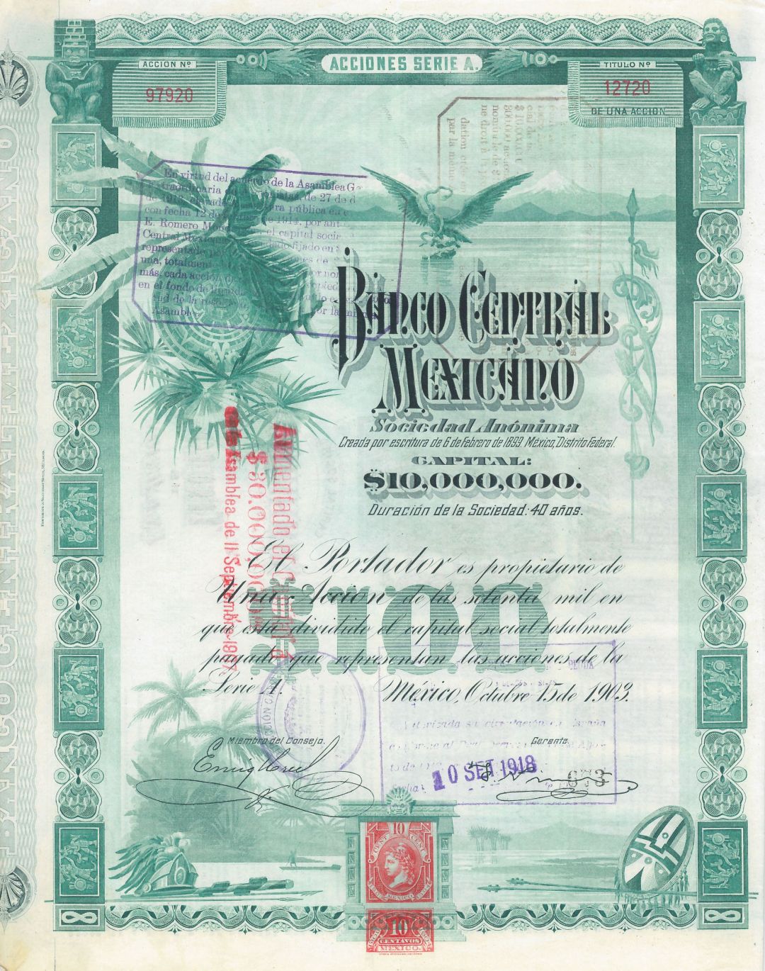 Blueberry The Banco Central Mexicano Dividend Stock Certificate - 1 Share 100 Pesos Blueberries