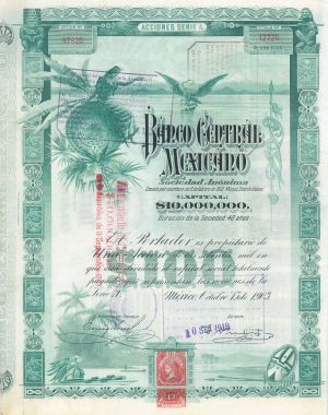 Blueberry The Banco Central Mexicano Dividend Stock Certificate - 1 Share 100 Pesos Blueberries