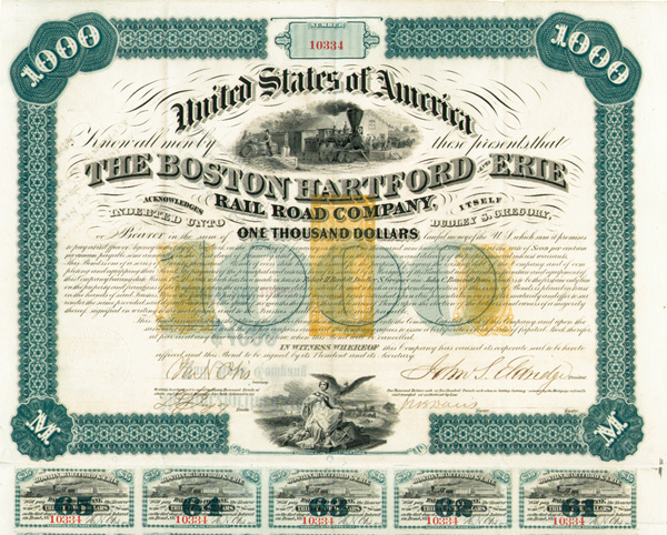 Boston, Hartford and Erie Railroad Co. Bond - $1,000 Denomination - Gorgeous Revenues (Uncanceled)