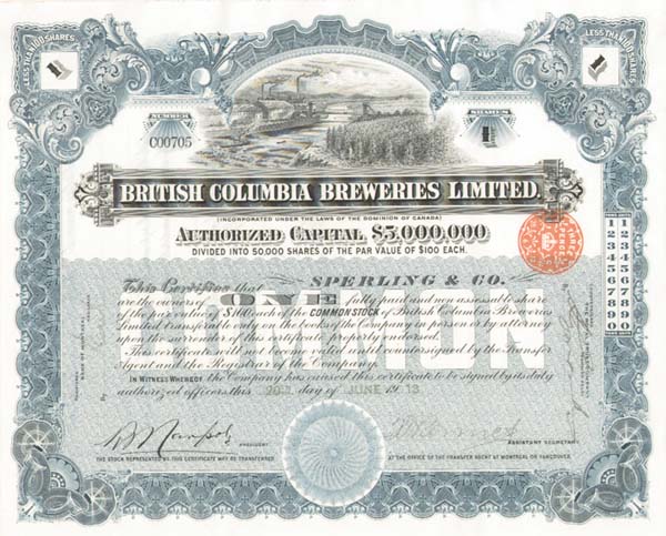 British Columbia Breweries Ltd - Stock Certificate (Uncanceled)