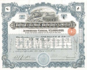 British Columbia Breweries Ltd - Stock Certificate (Uncanceled)