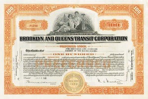 Brooklyn and Queens Transit Corporation - 1930's dated Stock Certificate - Available in Green or Orange