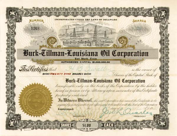 Burk-Tillman-Louisiana Oil Corp - Stock Certificate (Uncanceled)