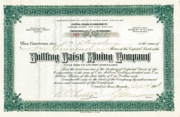 Bullfrog Daisy Mining Co - Stock Certificate (Uncanceled)