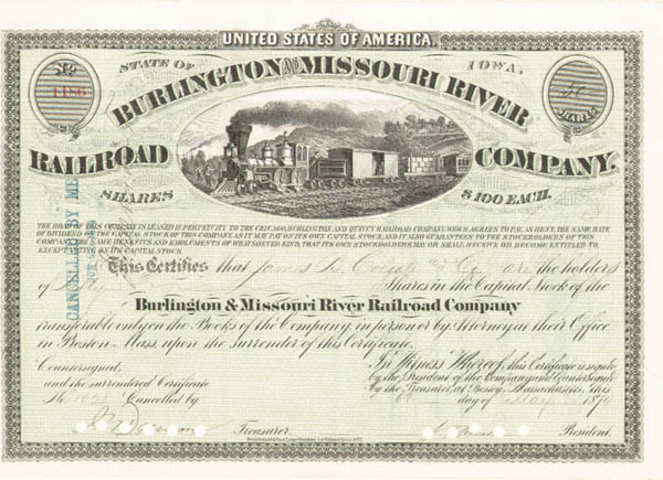 Burlington and Missouri River Railroad - Stock Certificate