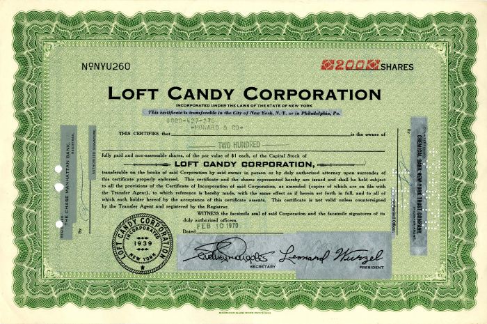Loft Candy Corporation - Stock Certificate