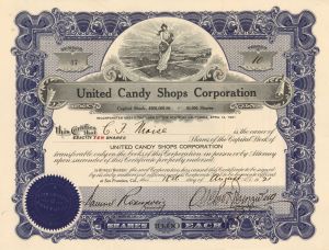 United Candy Shops Corp. - 1921 dated Stock Certificate