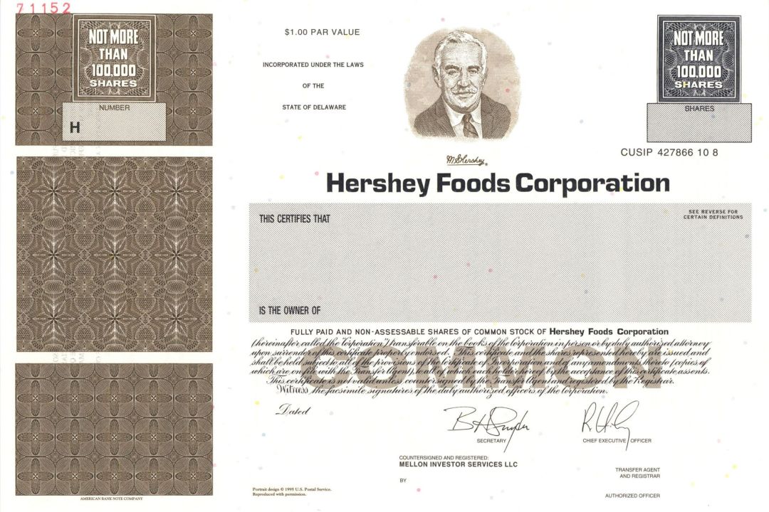 Hershey Food Corp. - 1995 circa Specimen Stock Certificate - Famous Food & Candy Corporation - Mr. Hershey Vignette