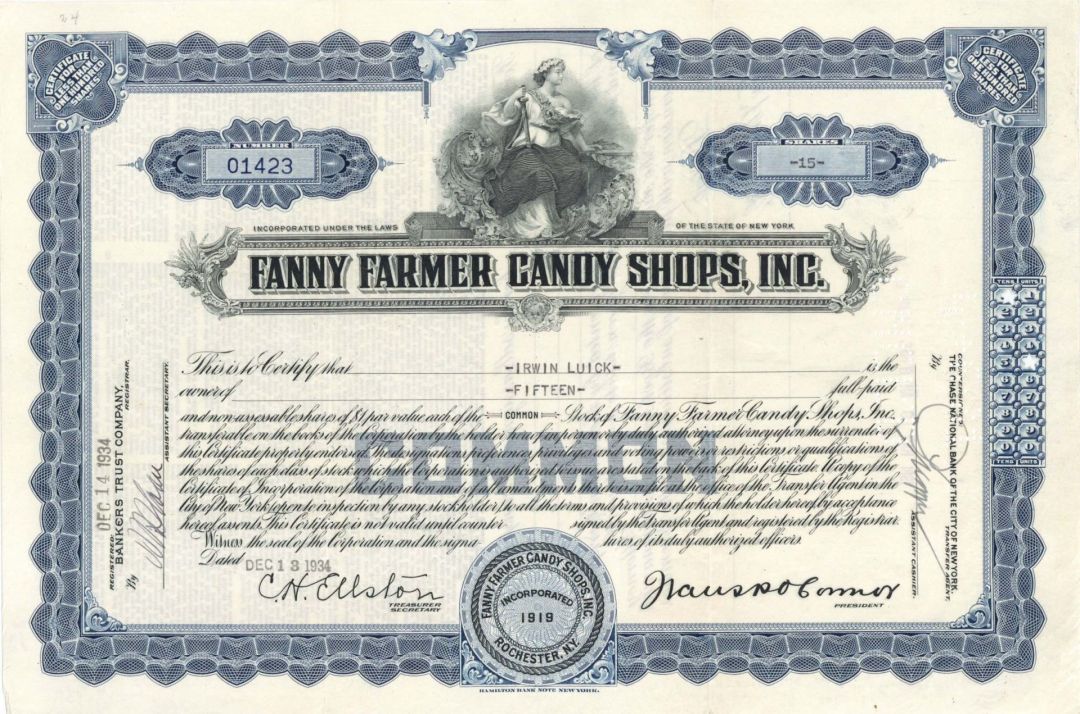 Fanny Farmer Candy Shops, Inc. - 1934 dated Stock Certificate