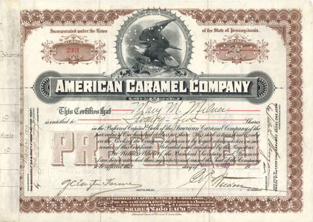 American Caramel Co. - 1917 dated Stock Certificate