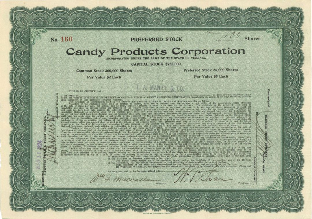 Candy Products Corp. - 1924 dated Stock Certificate