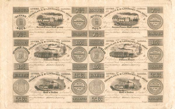 Champlain & St. Lawrence Railroad Uncut Obsolete Sheet - Broken Bank Notes - 6 Note Railway Obsolete Sheet