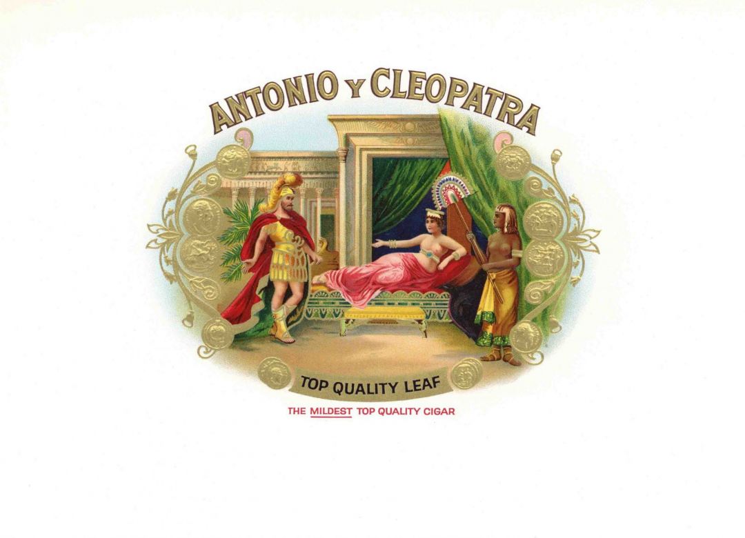 Cigar Box Label "Antonio and Cleopatra" - Americana Label with Gold Coins - Actual Cigar Box Label or Remainder - Beautiful Graphics - <b>Not Actual Cigars</b>