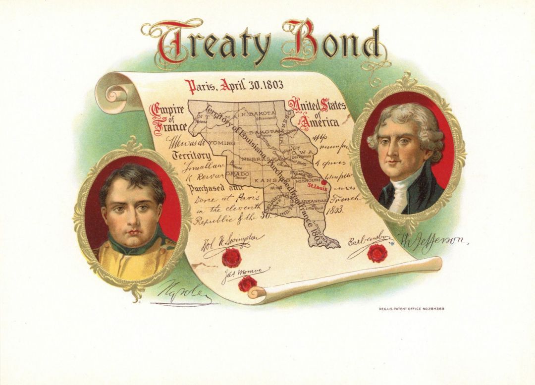 Treaty Bond - Cigar Box Label - Napoleon Bonaparte and Thomas Jefferson - <b>Not Actual Cigars</b>