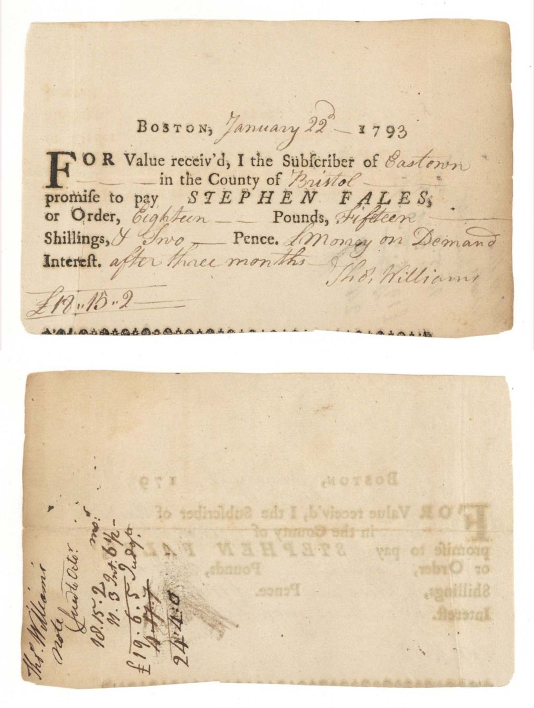 Massachusetts Payment Order - 1793 dated Easton or Eastown in the County of Bristol Massachusetts Pay Order