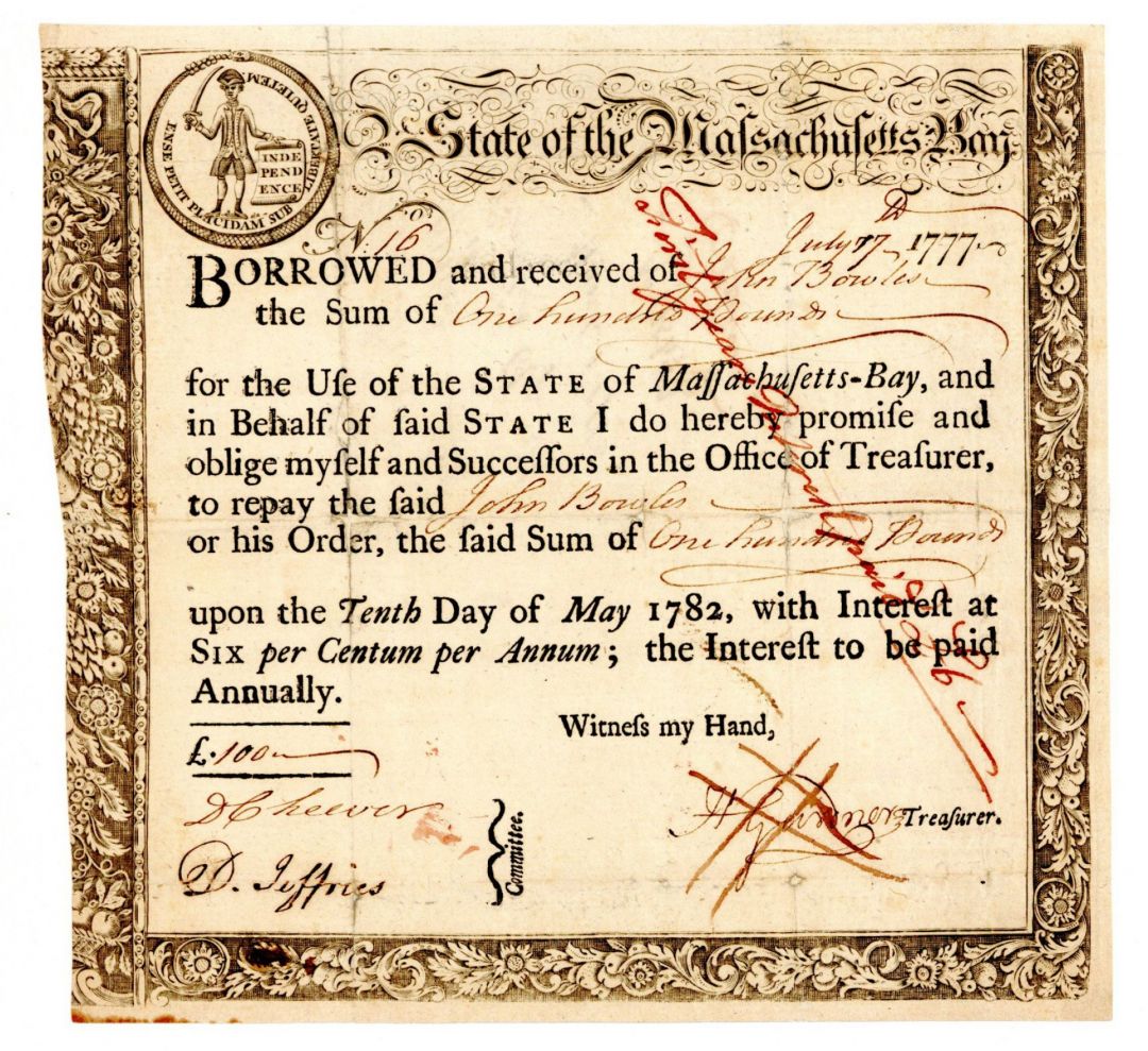 1777 dated State of Massachusetts Bay - Colonial Bond