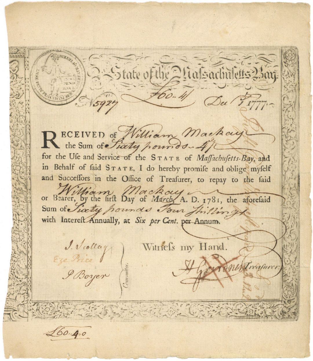 1777 dated State of Massachusetts Bay - Colonial Bond