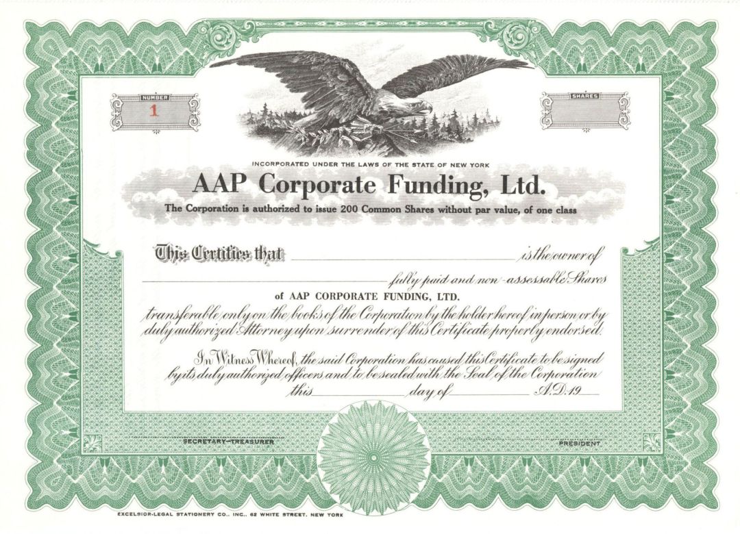 AAP Corporate Funding, Ltd. - Certificate Number 1 - Unissued Stock Certificate