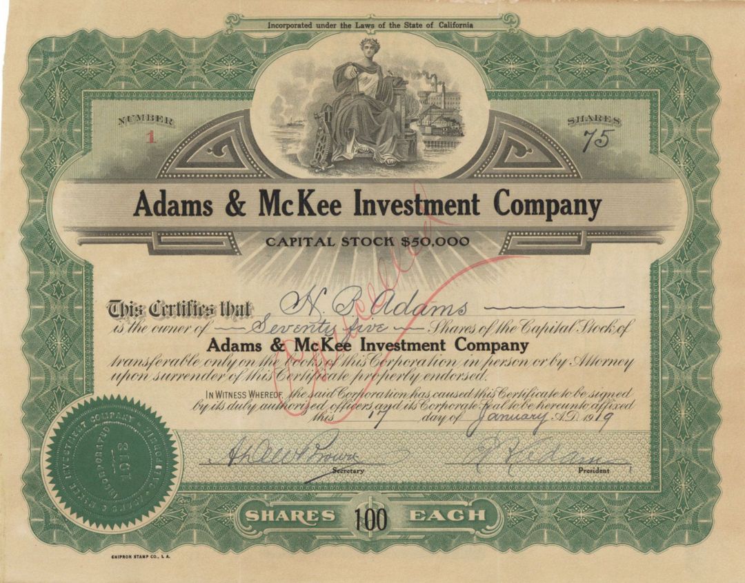 Adams and McKee Investment Co. - Certificate Number 1 - 1919 dated Stock Certificate