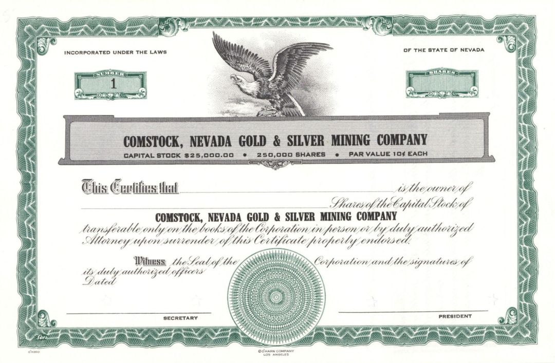Comstock, Nevada Gold and Silver Mining Co. - Certificate Number 1 - Unissued Stock Certificate