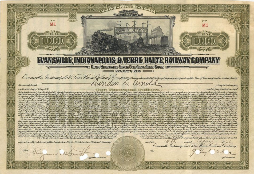 Evansville, Indianapolis and Terre Haute Railway Co. - Certificate number M1 - 1921 dated $1,000 Bond