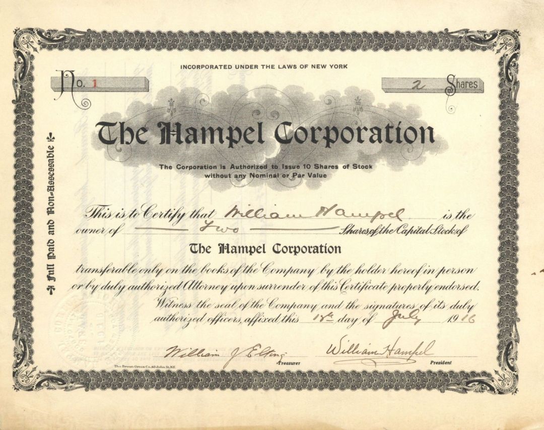 Hampel Corp. - Certificate number 1 - 1916 dated Stock Certificate