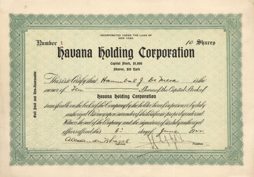 Havana Holding Corp. - Certificate number 1 - 1922 dated Stock Certificate