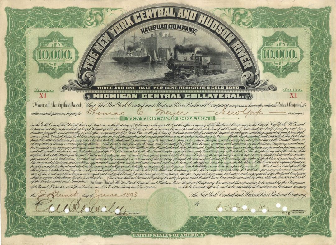 New York Central and Hudson River Railroad Co. - Certificate number X1 - 1898 dated $10,000 Bond