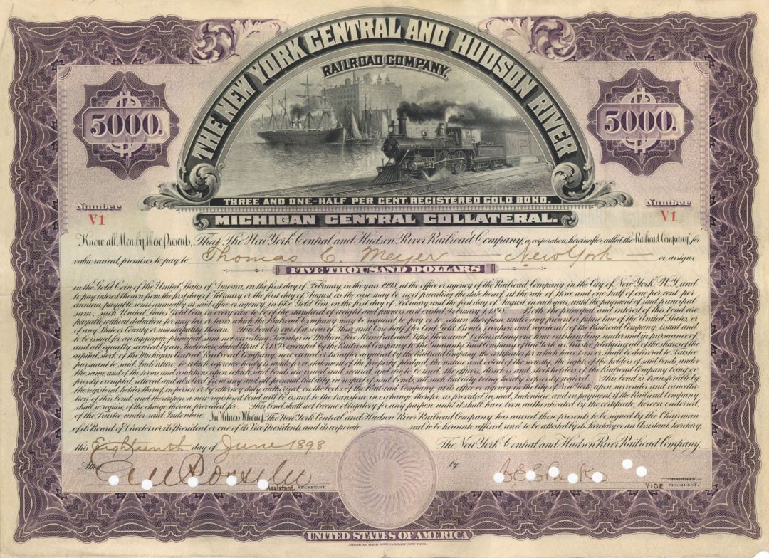 New York Central and Hudson River Railroad Co. - Certificate number V1 - 1898 dated $5,000 Bond