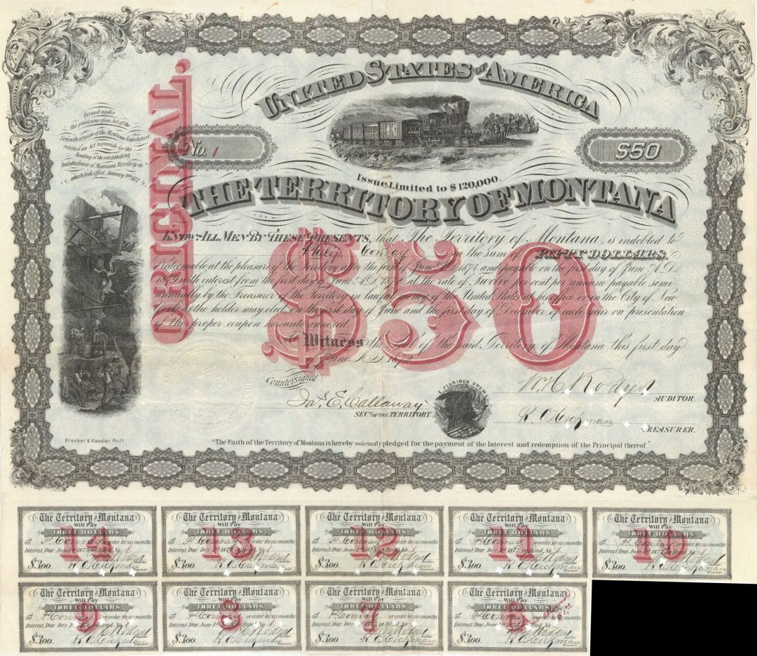 Territory of Montana - Very Rare 1872 Gorgeous $50 Bond with Red Underprint - Certificate #1