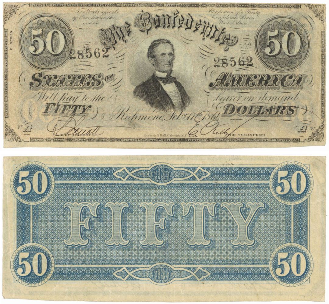 Confederate $50 Note - 1864 dated Confederate Paper Money