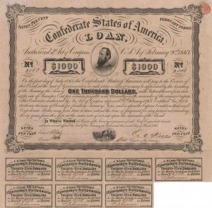 Stonewall Jackson Vignette Confederate $1,000 Bond CR-122 Ball-241 on Pink Paper - Confederate States of America Bond