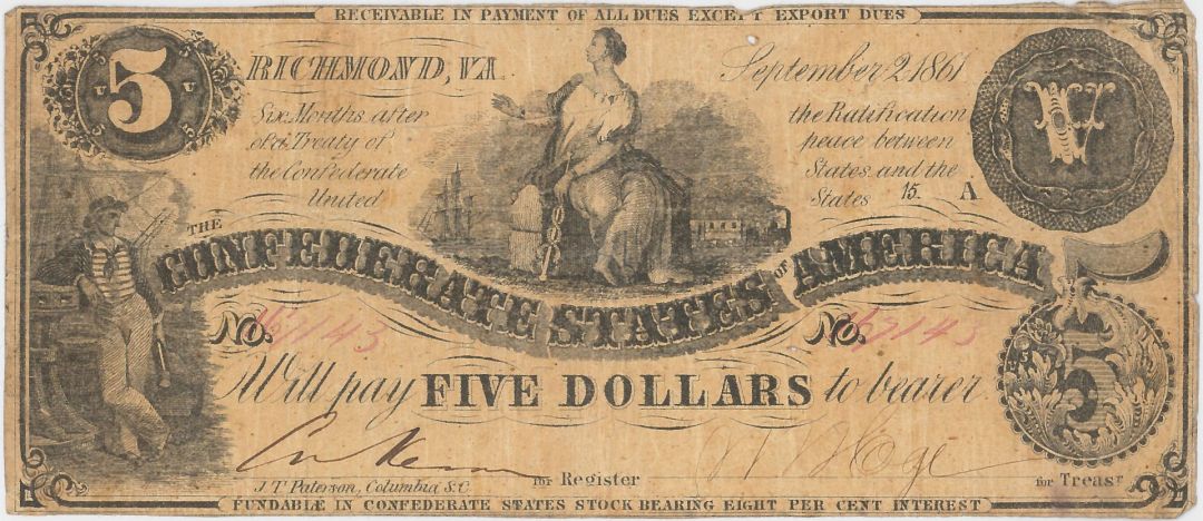 Confederate $5 Note - T-36 CR-274-78 - 1861 dated Confederate Paper Money