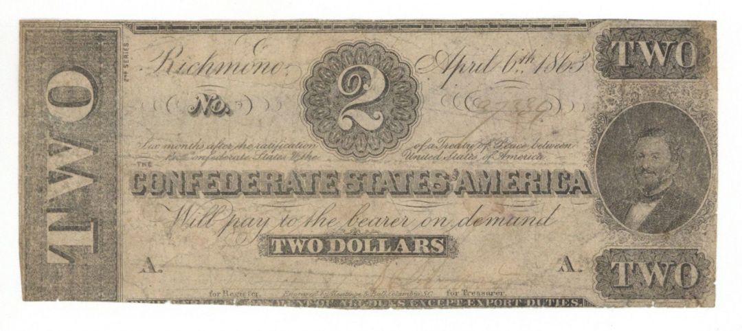 $2 Confederate Note - Richmond, Virginia - 2nd Series D - T-61, CR-471 - 1863 dated Confederate Paper Money