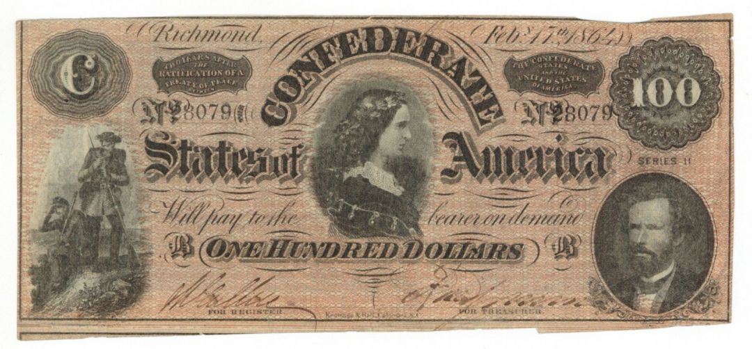 Confederate $100 Note - 1864 dated Confederate Paper Money - VF-Small Paper Clip