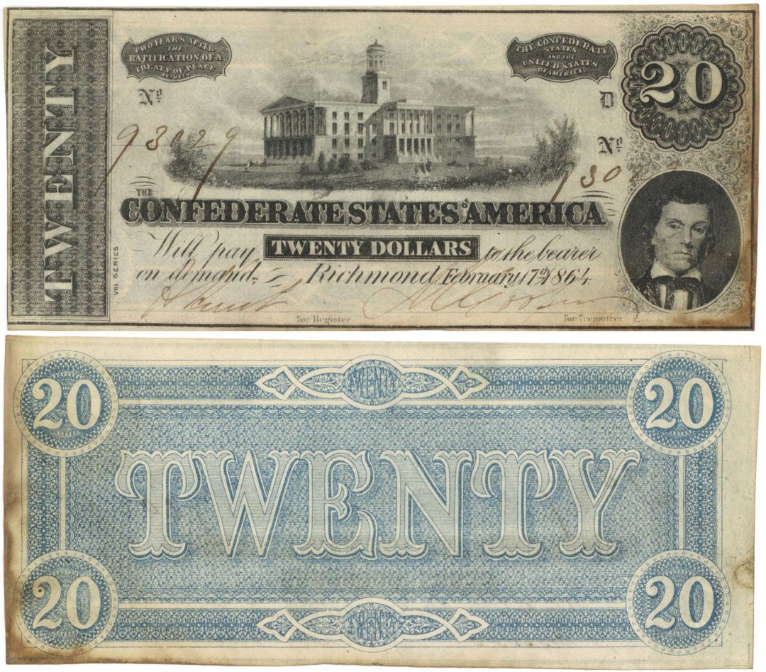 Confederate $20 Note - T-67 - 1864 dated Confederate Paper Money - Border Stain