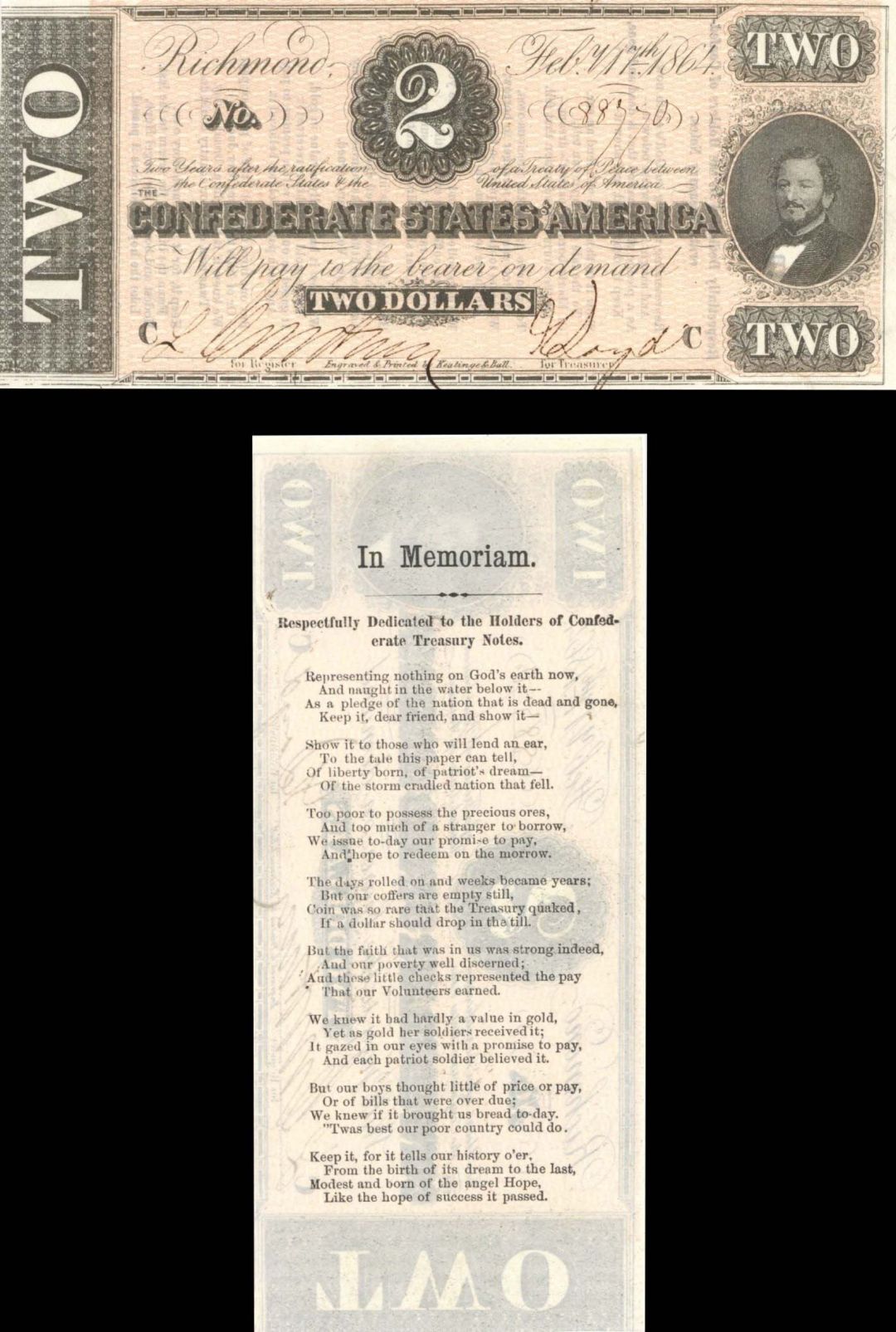 Confederate $2 Note - T-70 CR-567 - 1864 dated Confederate Paper Money - Memoriam Printed at Back