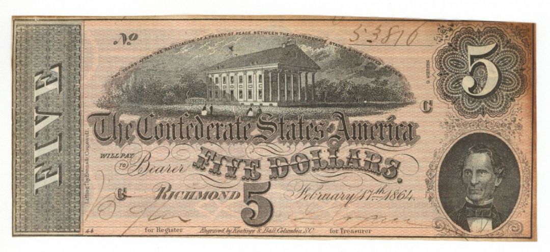 Confederate $5 Note - T-69 - Confederate Paper Money - Currency
