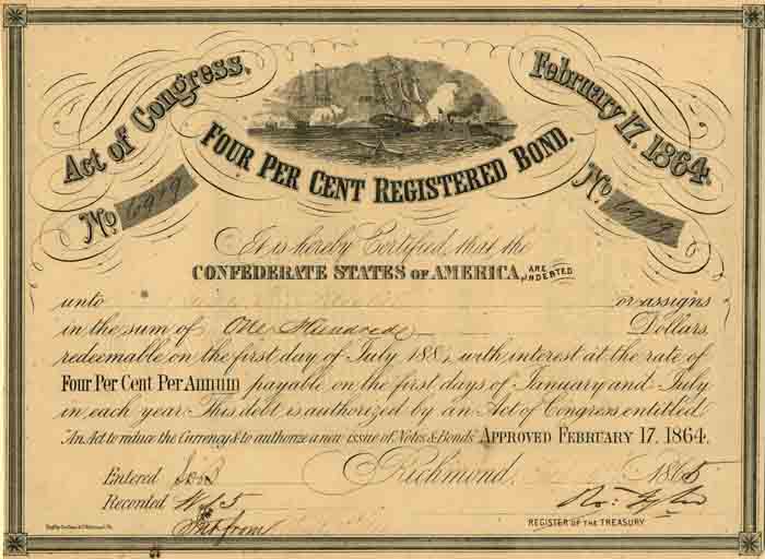 $100 Confederate States of America Bond dated 1864 - Criswell-141 - Ball-286